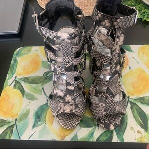 GIANI BINI SNAKE SKIN CAGE OPEN TOE HEELS